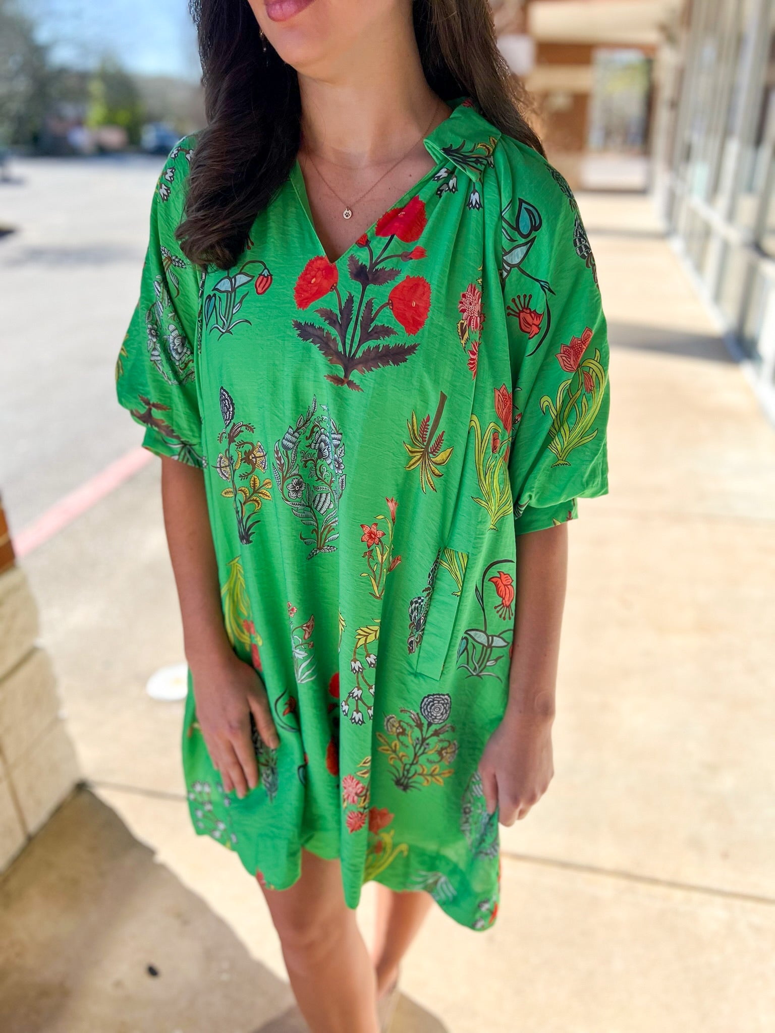 Green Floral V - Neck Dress with Elbow Length Puff Sleeves (R) - A'Bekah's Boutique