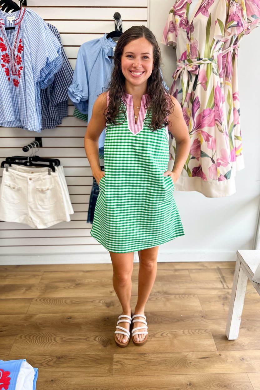 Green Gingham Dress with Pink Contrast Trim Details - A'Bekah's Boutique