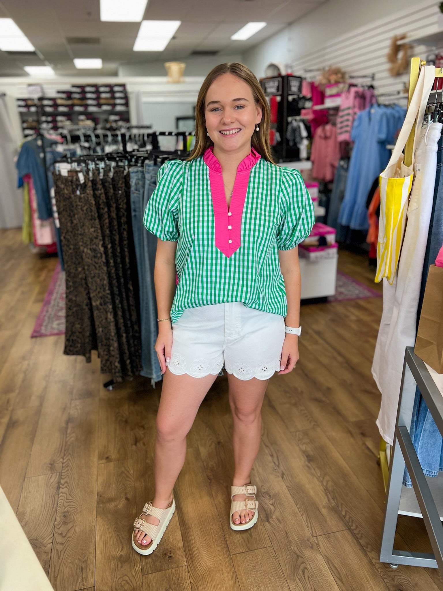Green Gingham Top with Hot Pink Contrast Placket Detail - A'Bekah's Boutique