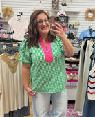 Green Gingham Top with Hot Pink Contrast Placket Detail - A'Bekah's Boutique