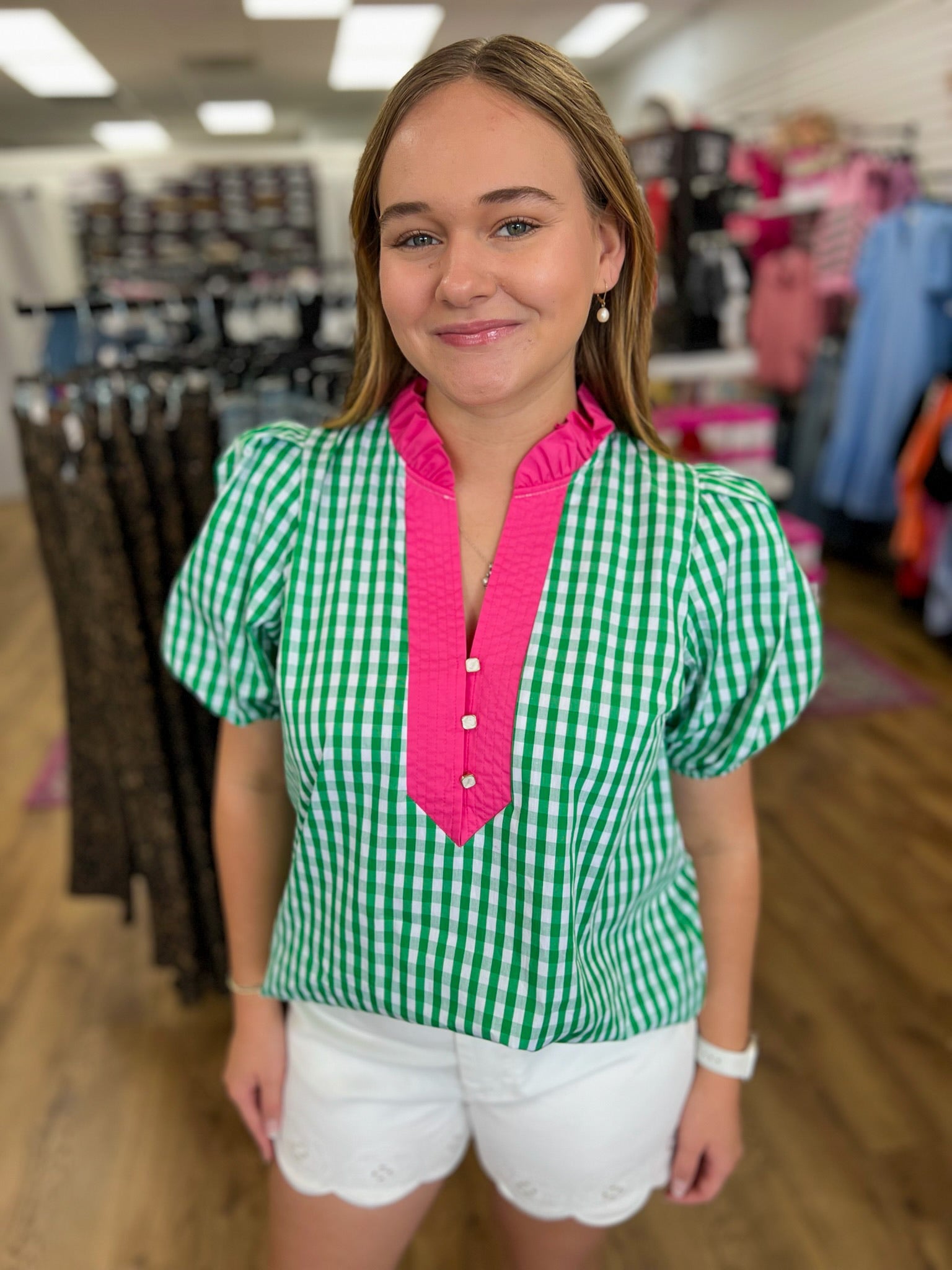 Green Gingham Top with Hot Pink Contrast Placket Detail - A'Bekah's Boutique