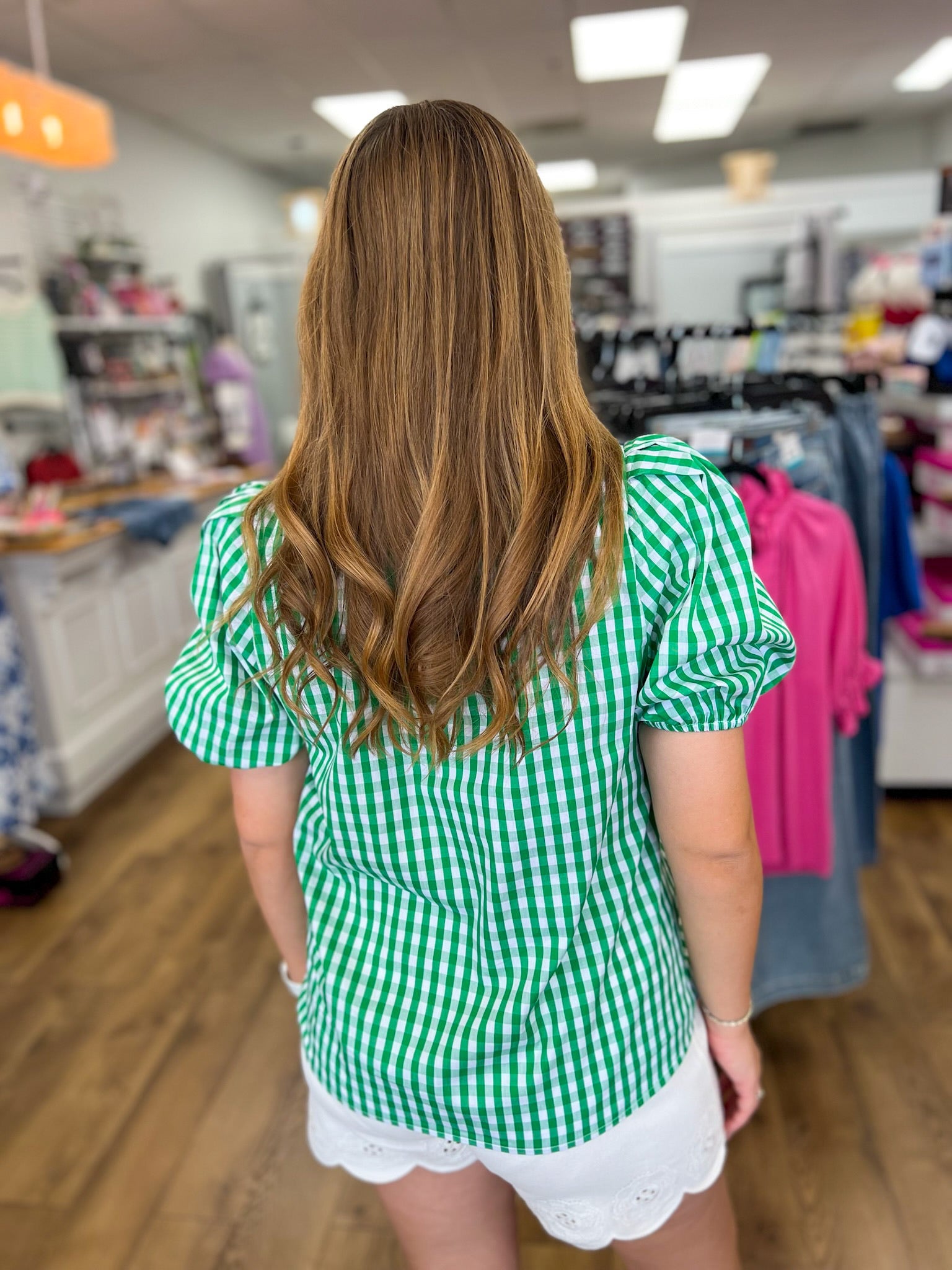 Green Gingham Top with Hot Pink Contrast Placket Detail - A'Bekah's Boutique