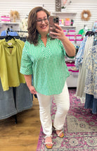 Green Gingham V - Neck Top with 3/4 Sleeves - A'Bekah's Boutique