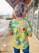 Green Jacquard Floral V - Neck Top with Short Puff Sleeves (R) - A'Bekah's Boutique