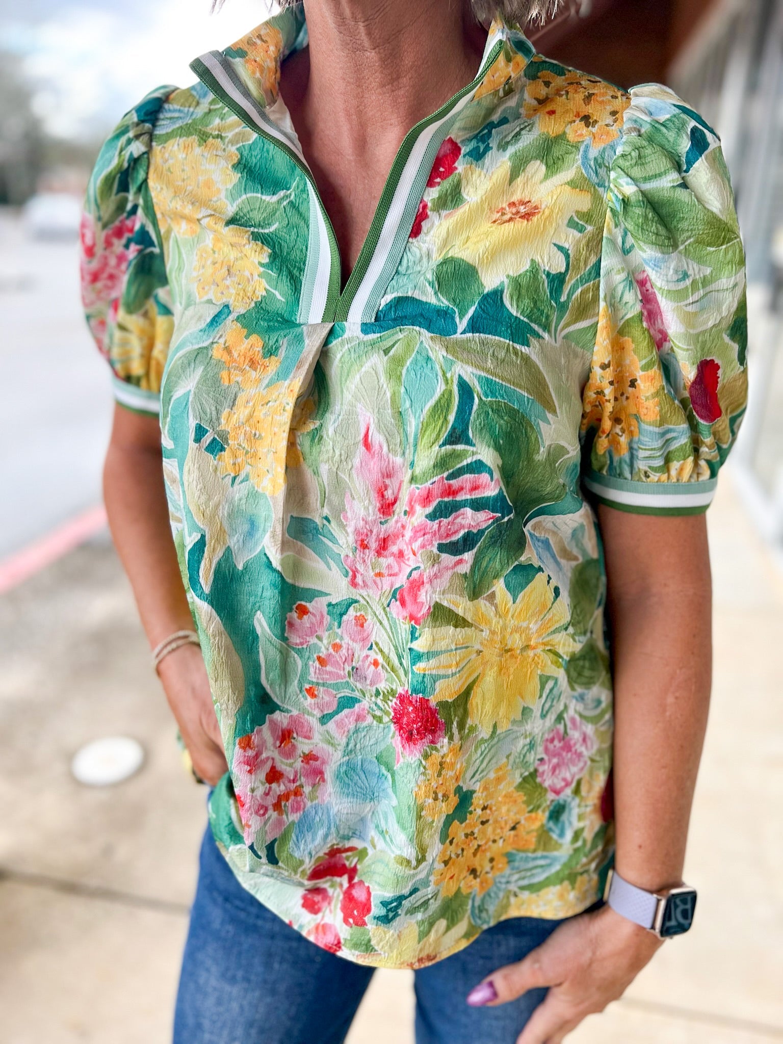 Green Jacquard Floral V - Neck Top with Short Puff Sleeves (R) - A'Bekah's Boutique