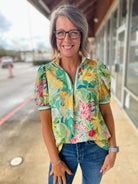 Green Jacquard Floral V - Neck Top with Short Puff Sleeves (R) - A'Bekah's Boutique