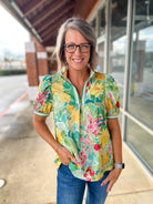 Green Jacquard Floral V - Neck Top with Short Puff Sleeves (R) - A'Bekah's Boutique