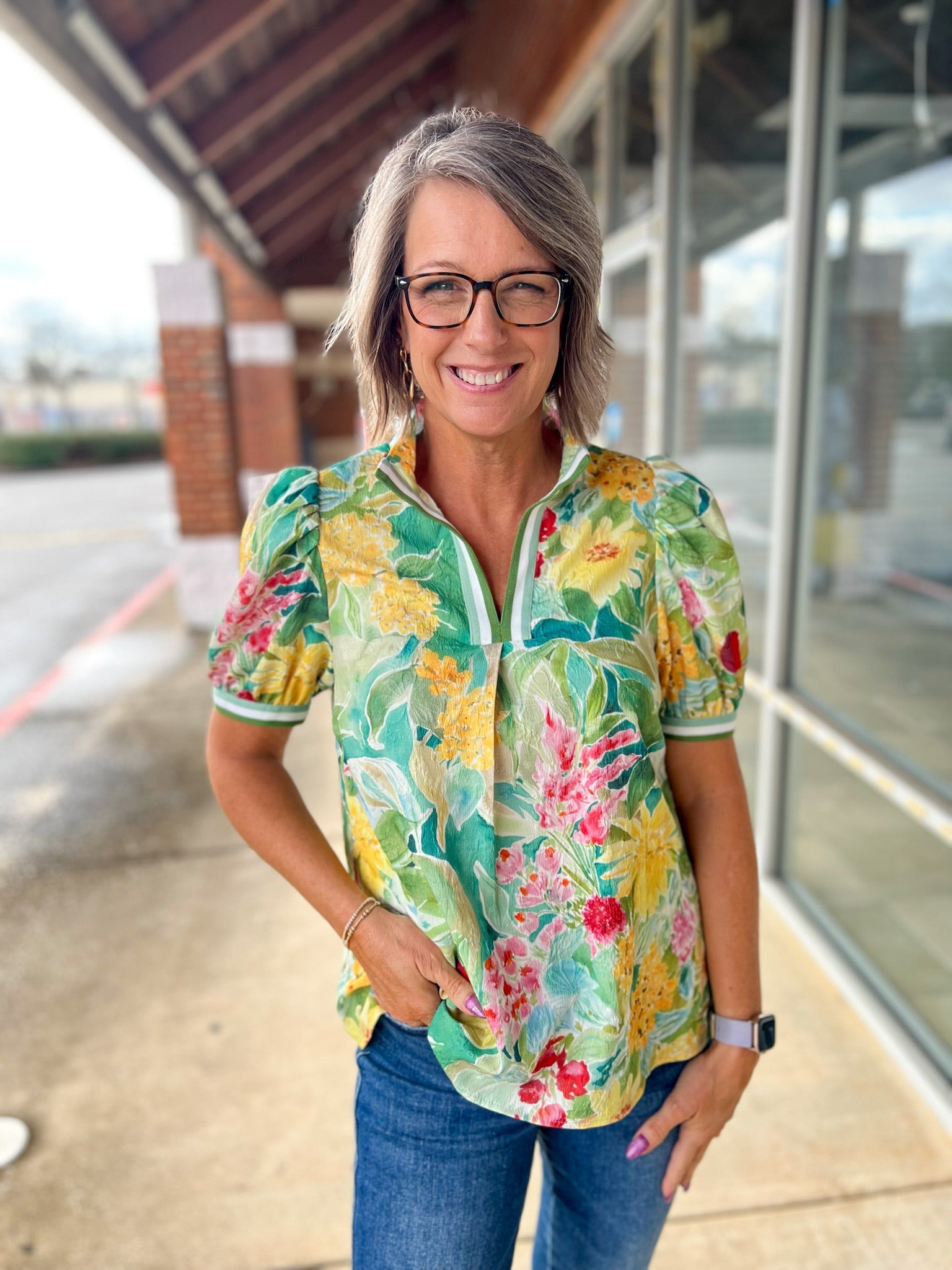 Green Jacquard Floral V - Neck Top with Short Puff Sleeves (R) - A'Bekah's Boutique