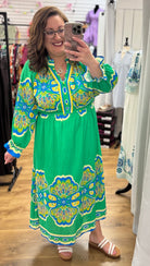 Green Mix Border Print Midi Dress - A'Bekah's Boutique