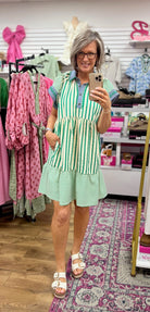 Green Multi Striped Contrast Trim Short Sleeve Dress - A'Bekah's Boutique
