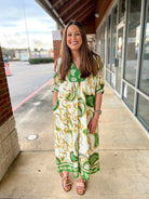 Green Paisley Print V - Neck Border Trim Midi Dress - A'Bekah's Boutique