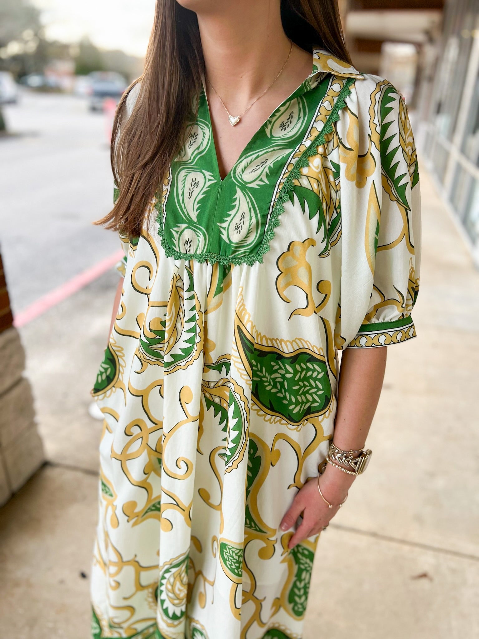 Green Paisley Print V - Neck Border Trim Midi Dress - A'Bekah's Boutique