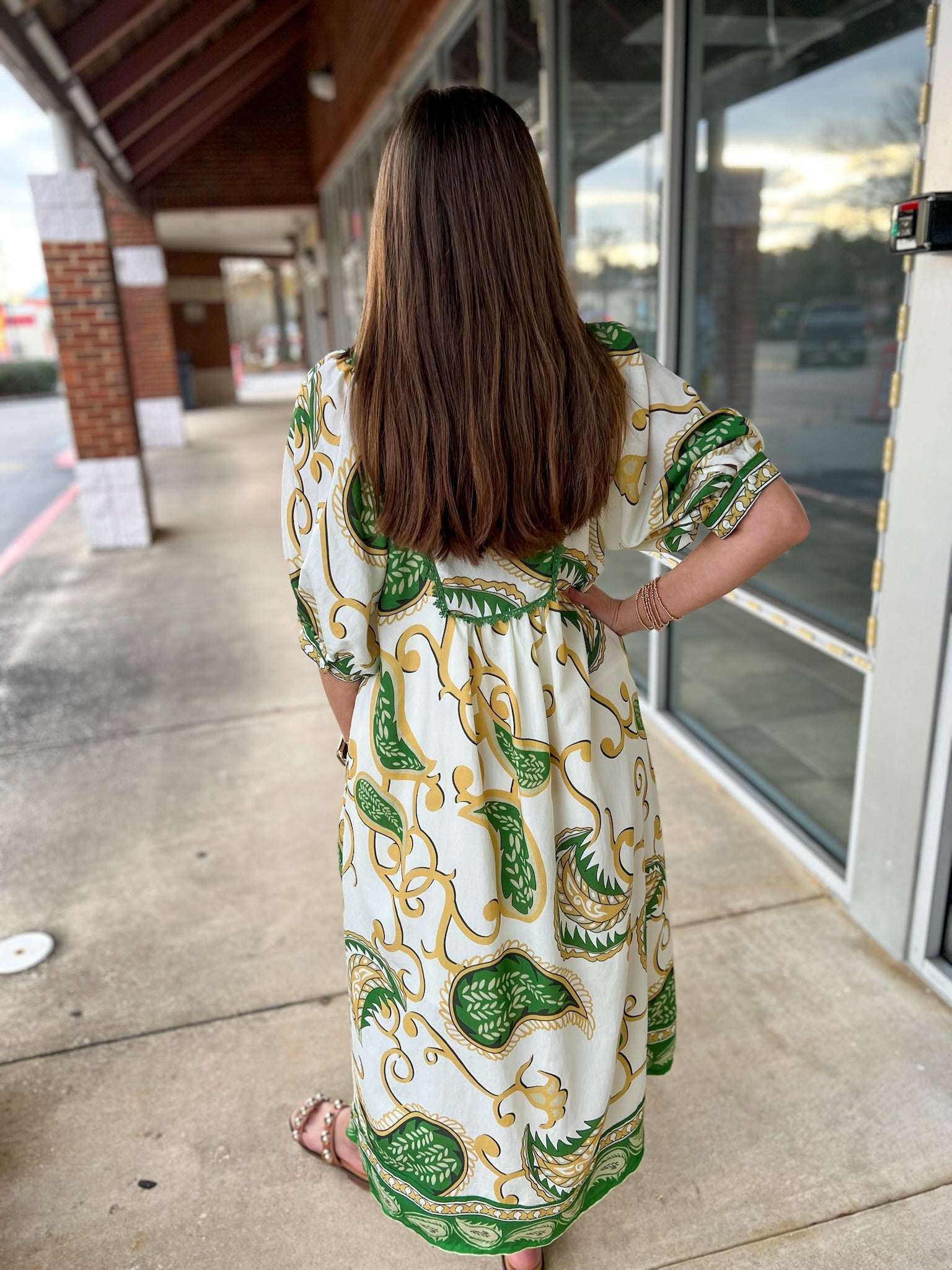 Green Paisley Print V - Neck Border Trim Midi Dress - A'Bekah's Boutique
