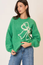 Green Soft Brushed Long Sleeve Sweater with Embroidered Bow (C) - A'Bekah's Boutique