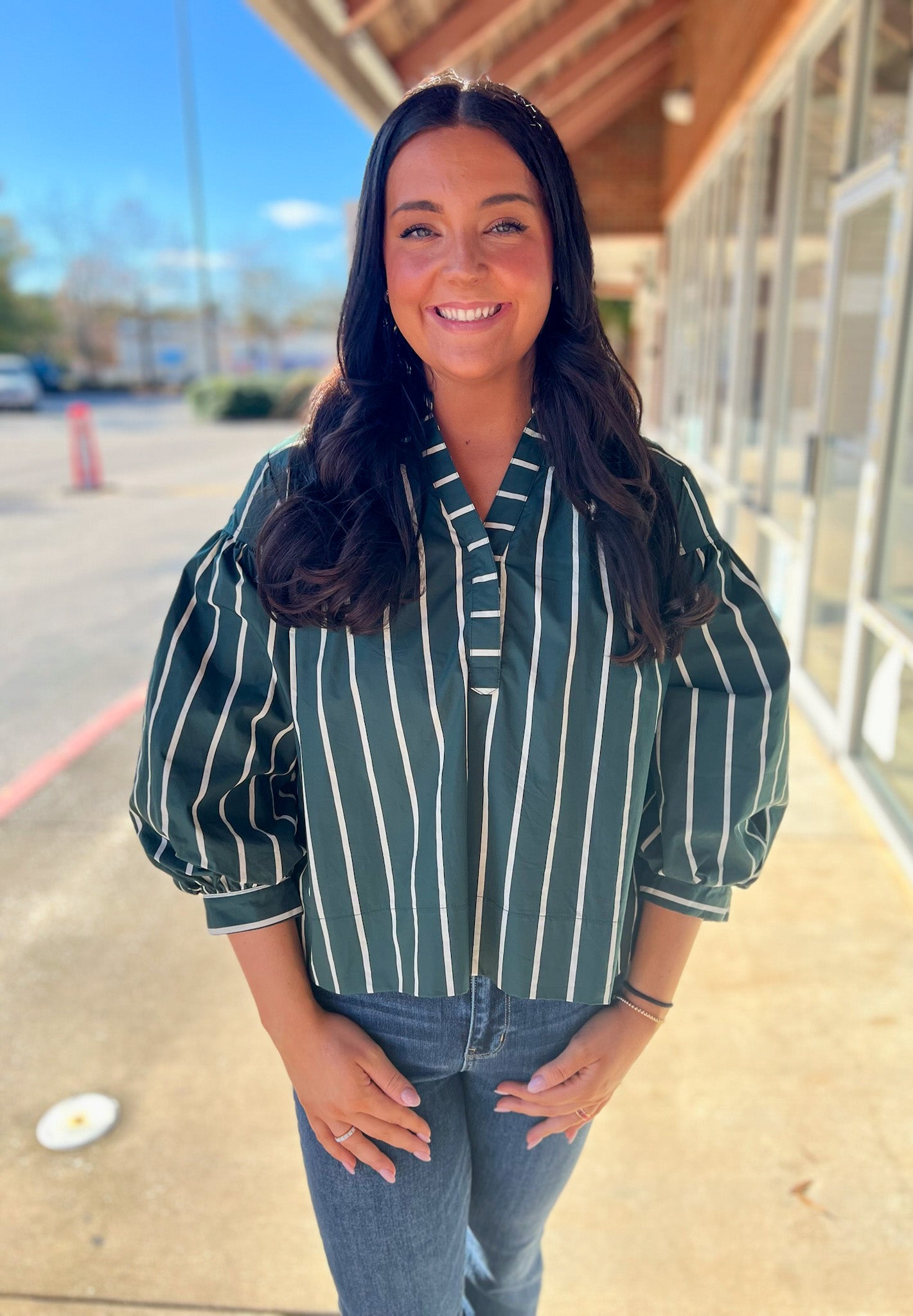 Green Striped V - Neck Top with Long Cuffed Puff Sleeves - A'Bekah's Boutique