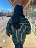 Green Striped V - Neck Top with Long Cuffed Puff Sleeves - A'Bekah's Boutique