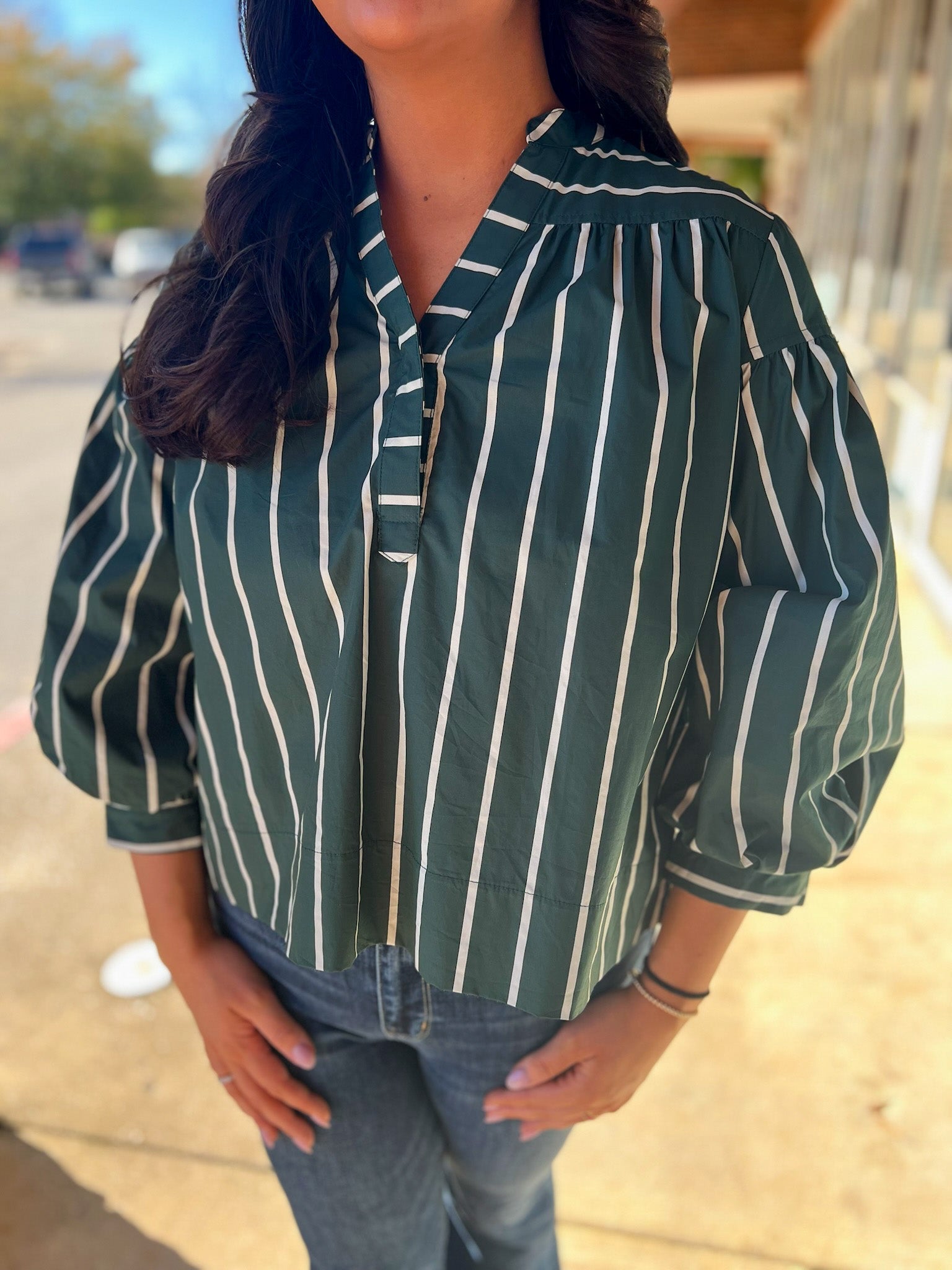 Green Striped V - Neck Top with Long Cuffed Puff Sleeves - A'Bekah's Boutique