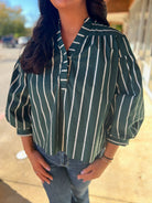 Green Striped V - Neck Top with Long Cuffed Puff Sleeves - A'Bekah's Boutique