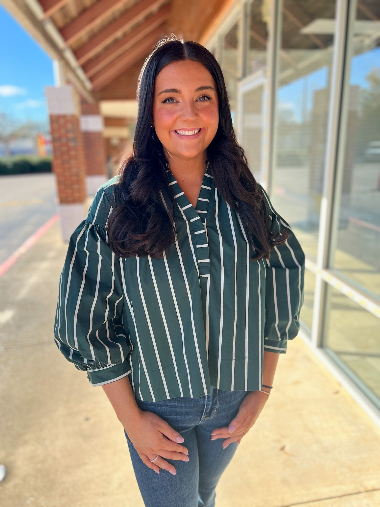 Green Striped V - Neck Top with Long Cuffed Puff Sleeves - A'Bekah's Boutique