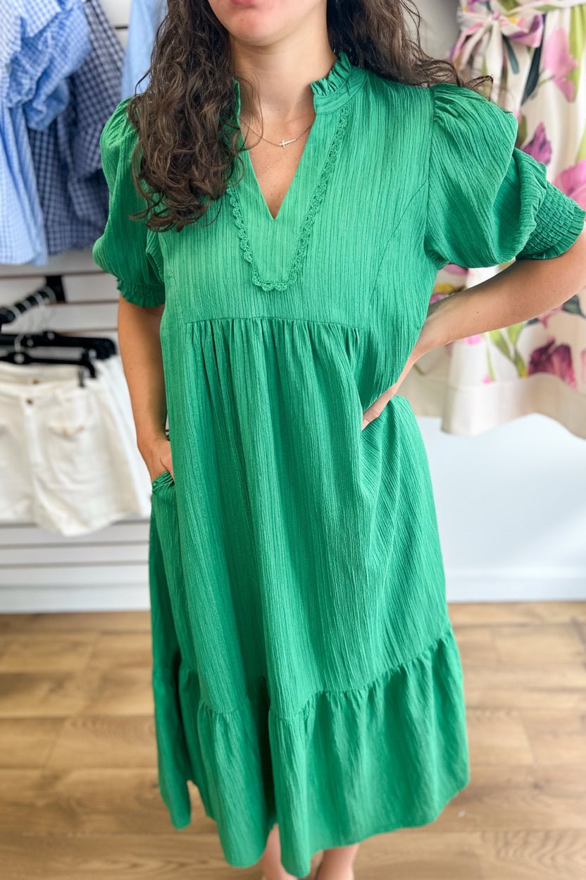 Green Tiered Midi Dress with Lace Trim - A'Bekah's Boutique