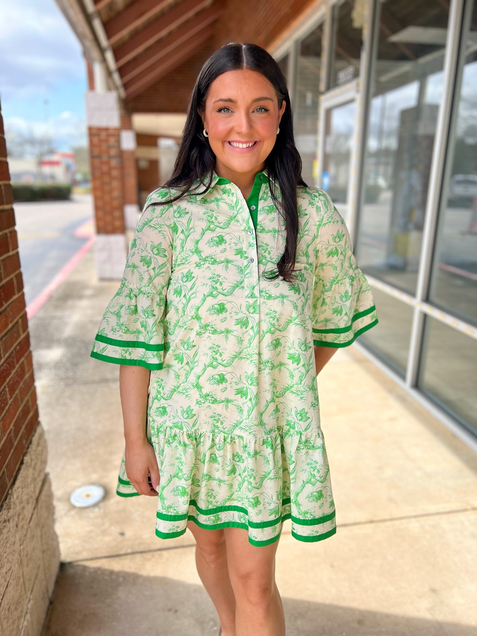 Green Toile Print 3/4 Sleeve Dress with Contrast Binding - A'Bekah's Boutique