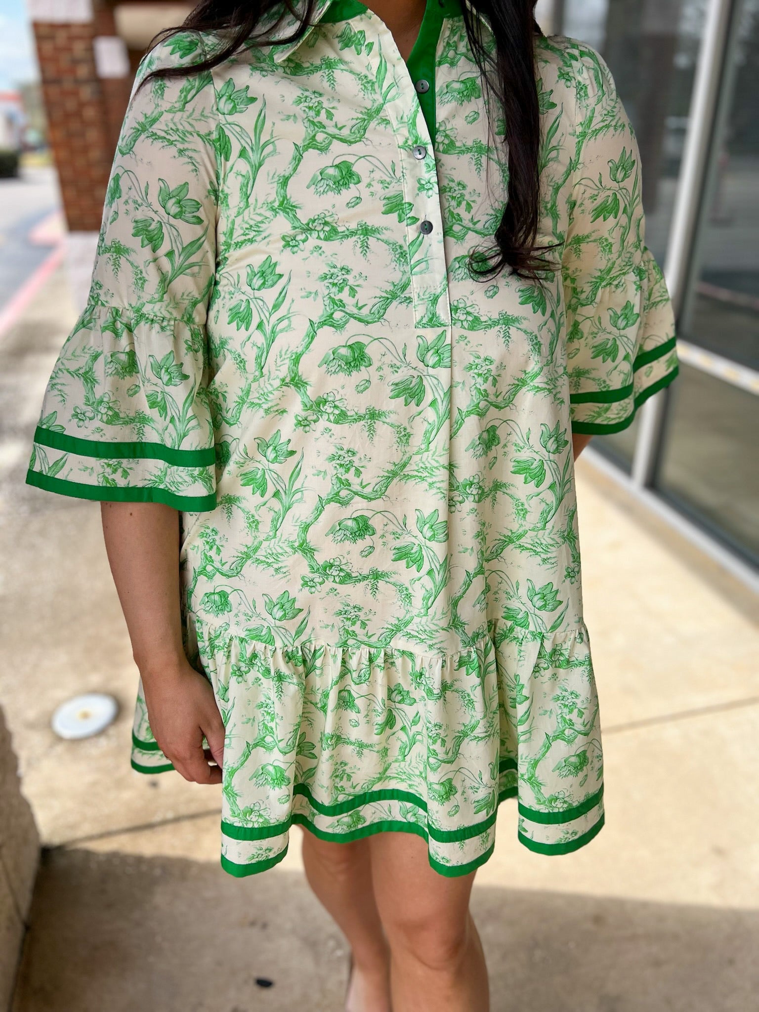 Green Toile Print 3/4 Sleeve Dress with Contrast Binding - A'Bekah's Boutique