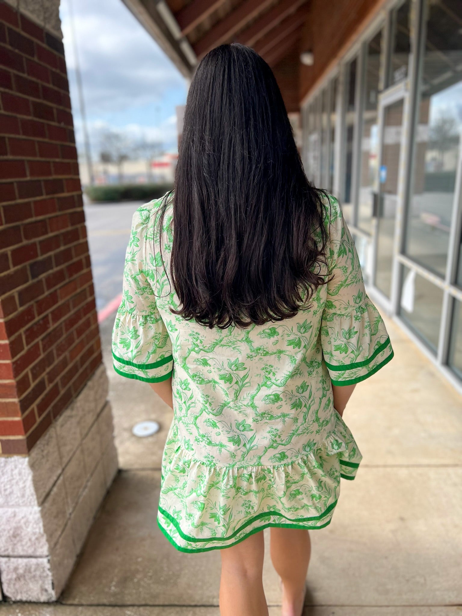 Green Toile Print 3/4 Sleeve Dress with Contrast Binding - A'Bekah's Boutique