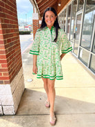 Green Toile Print 3/4 Sleeve Dress with Contrast Binding - A'Bekah's Boutique