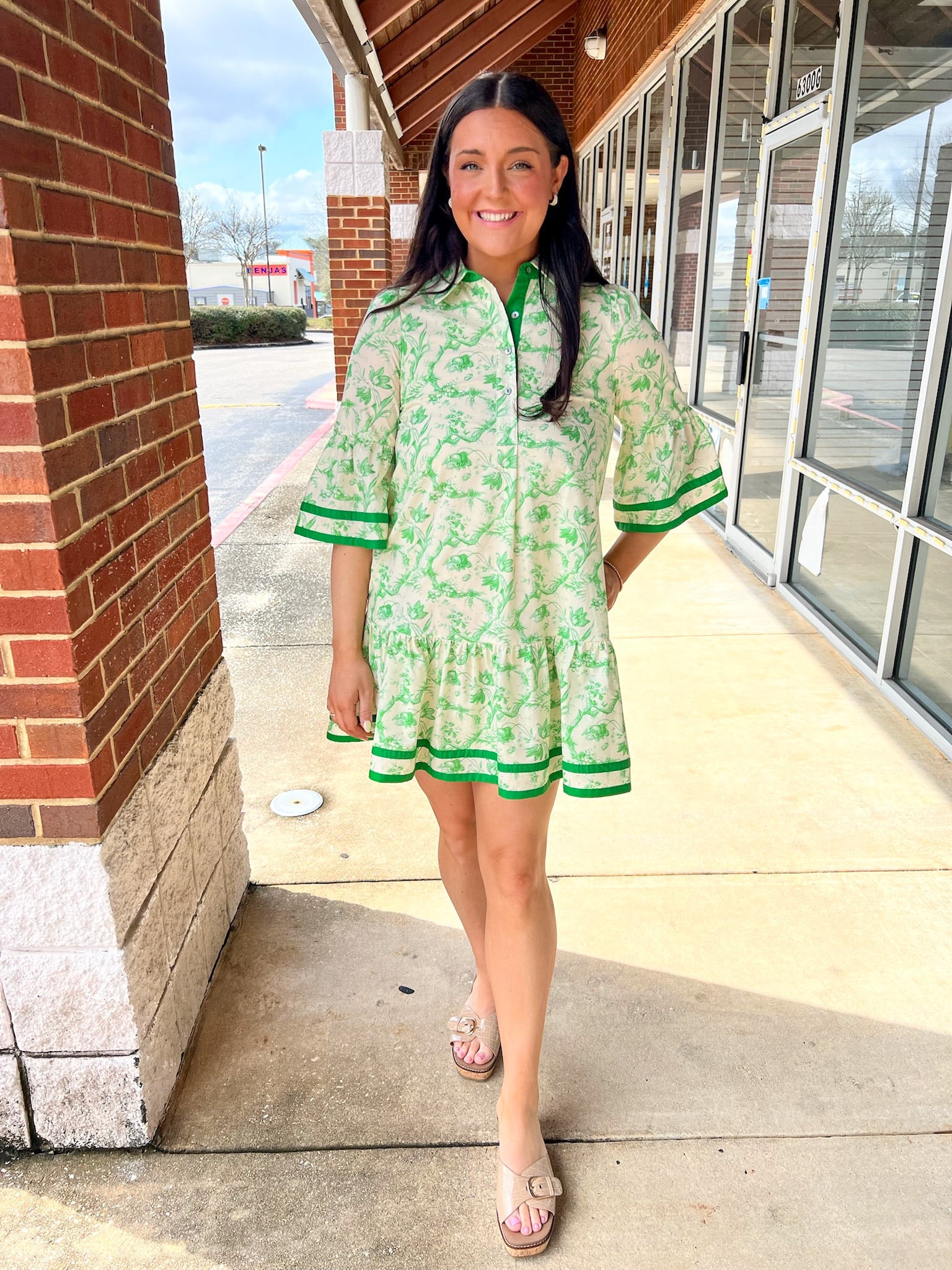 Green Toile Print 3/4 Sleeve Dress with Contrast Binding - A'Bekah's Boutique