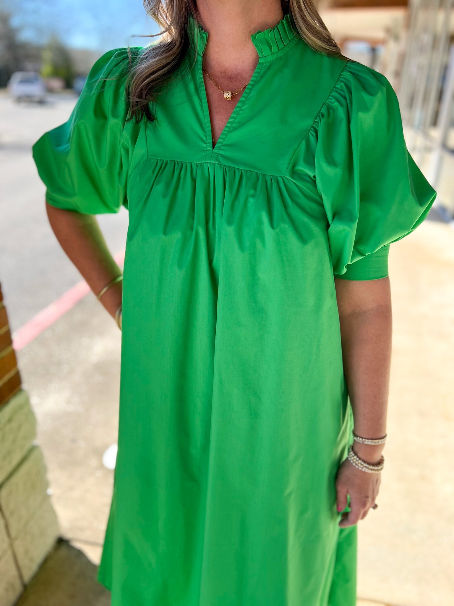 Green V - Neck Midi Dress with 3/4 Length Puff Sleeves - A'Bekah's Boutique