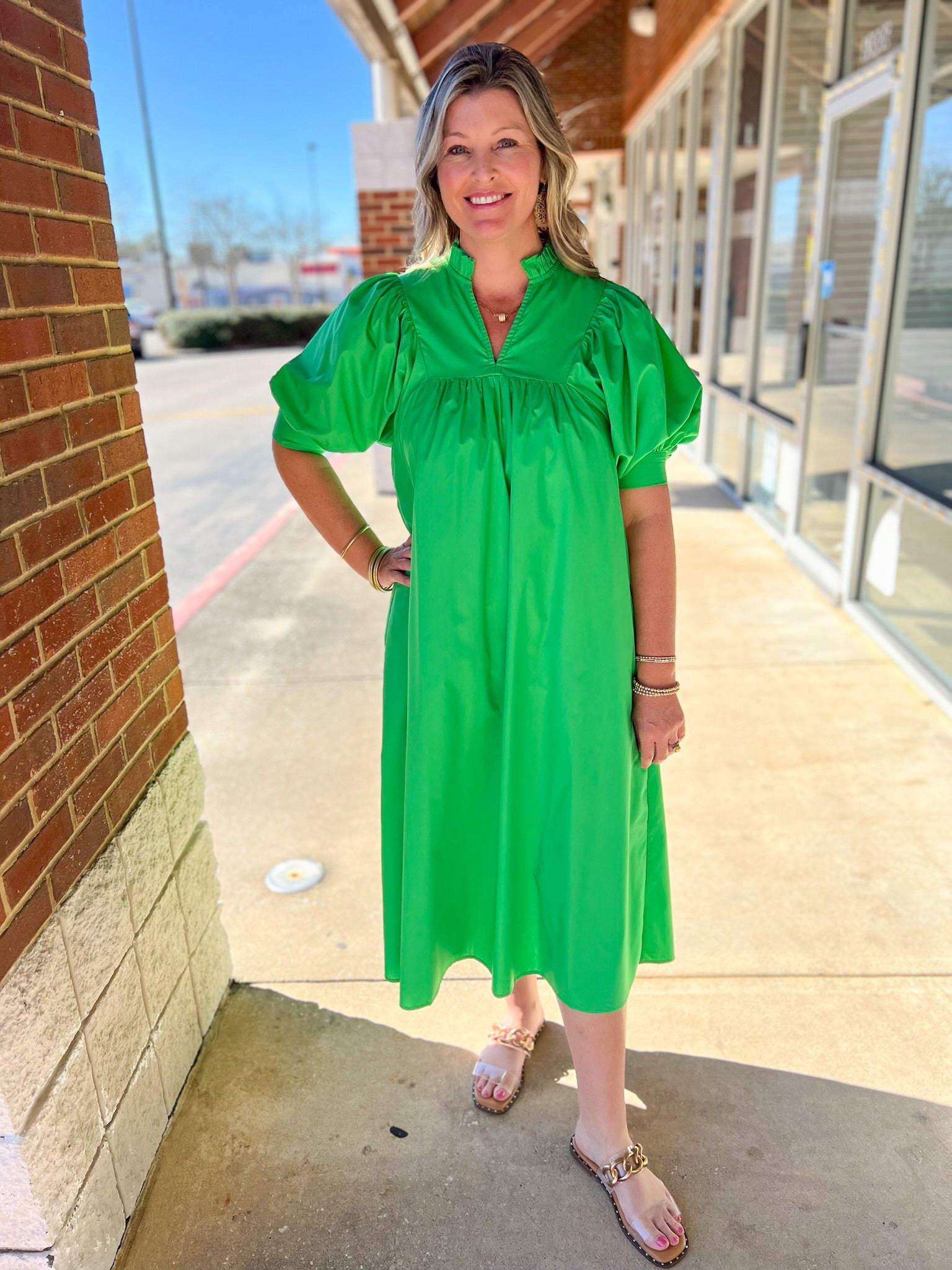 Green V - Neck Midi Dress with 3/4 Length Puff Sleeves - A'Bekah's Boutique