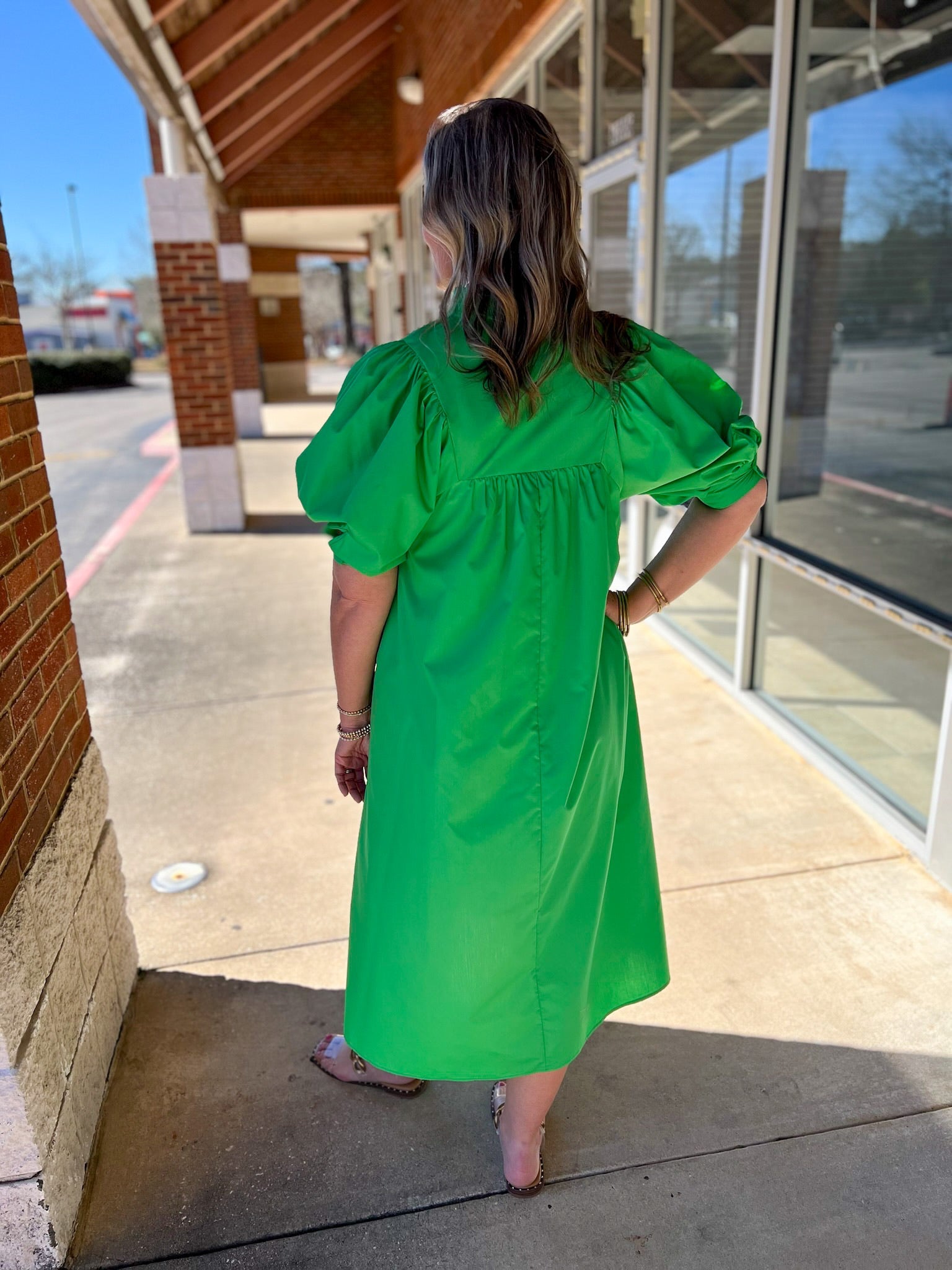 Green V - Neck Midi Dress with 3/4 Length Puff Sleeves - A'Bekah's Boutique