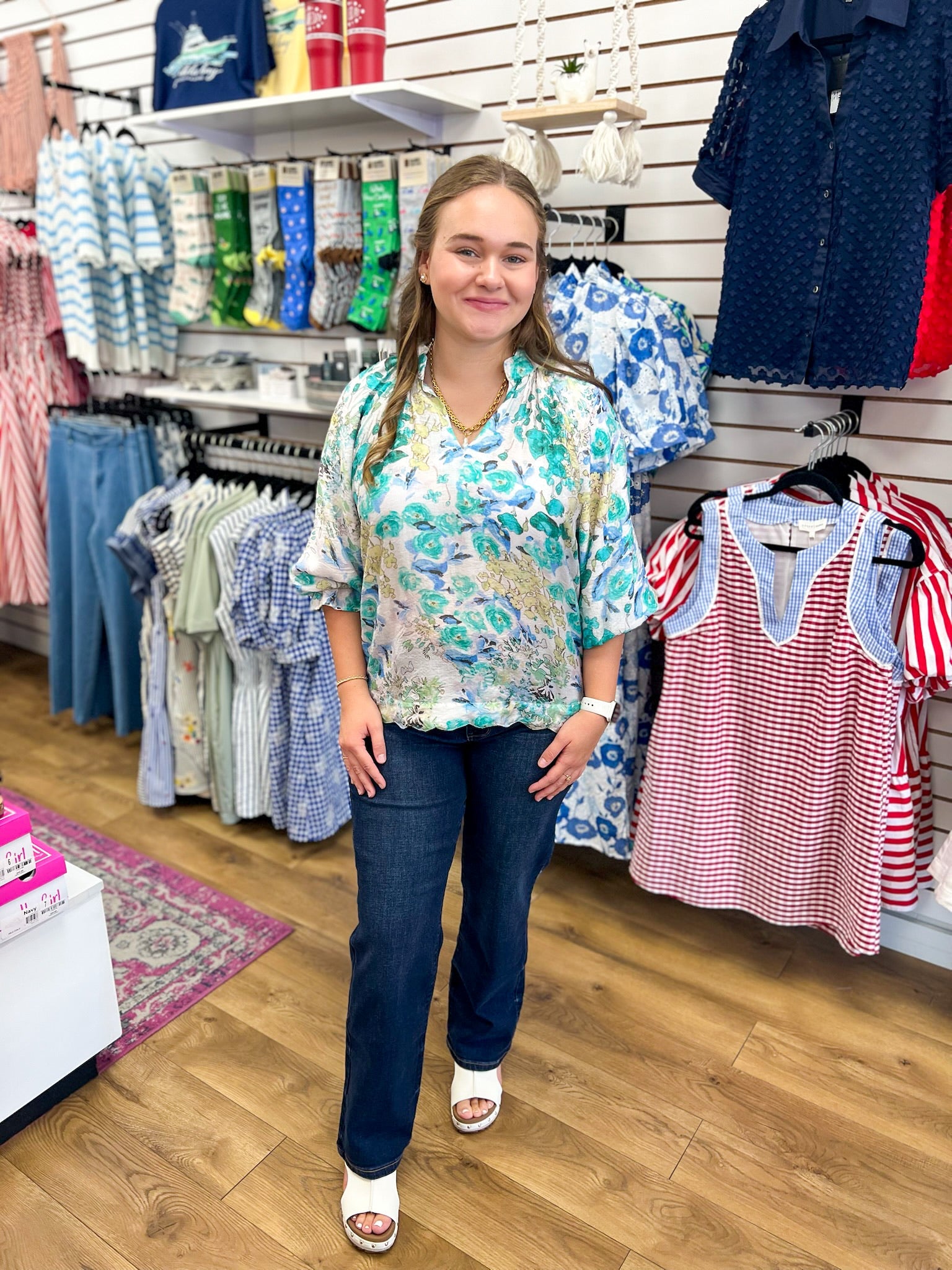 Green Watercolor Floral Top with Scalloped Hem - A'Bekah's Boutique