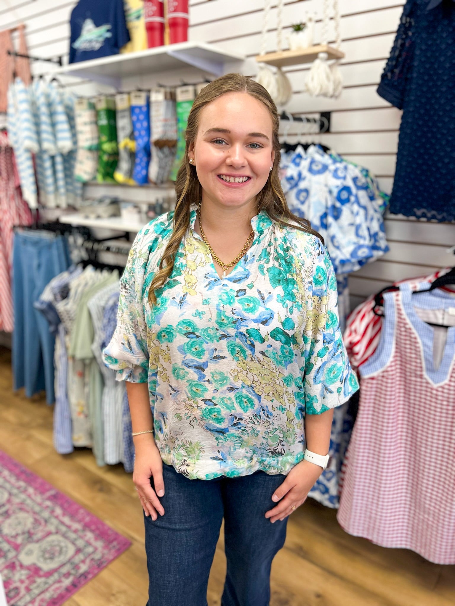 Green Watercolor Floral Top with Scalloped Hem - A'Bekah's Boutique