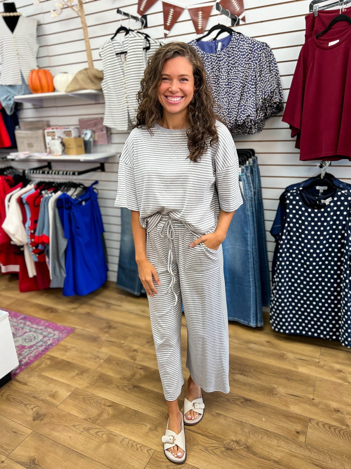 Grey and White Striped Pant Set - A'Bekah's Boutique
