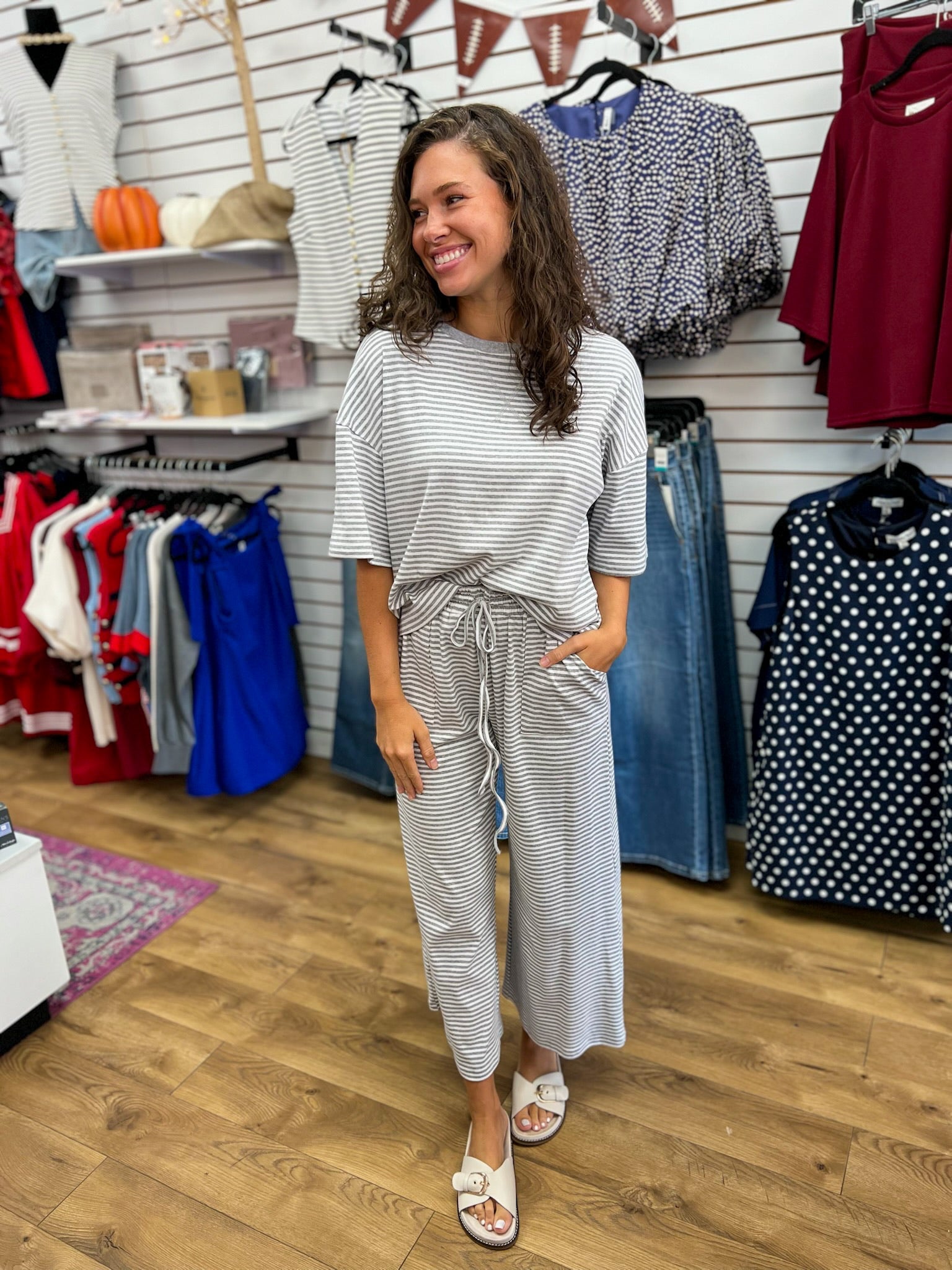 Grey and White Striped Pant Set - A'Bekah's Boutique