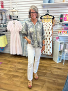 Grey Floral Print Top with 3/4 Puff Sleeves - A'Bekah's Boutique