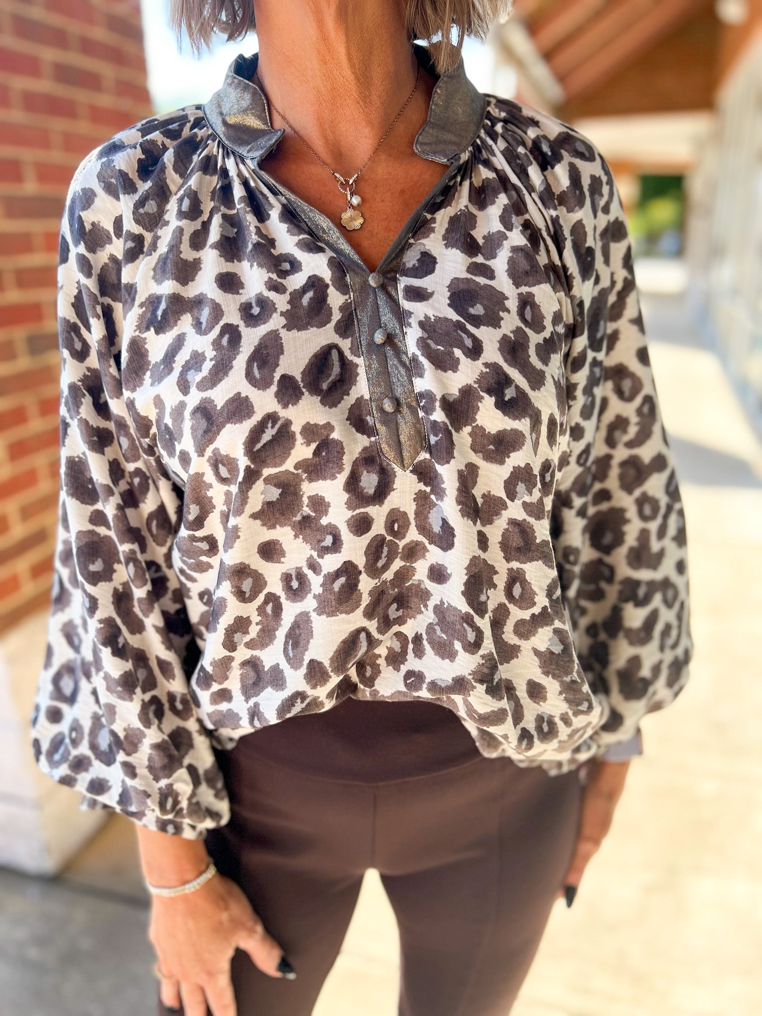 Grey Leopard Print 3/4 Sleeve Top with Scalloped Neckline (R) - A'Bekah's Boutique