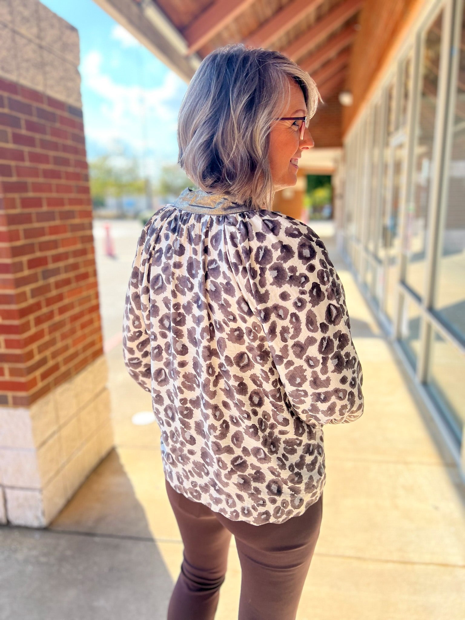 Grey Leopard Print 3/4 Sleeve Top with Scalloped Neckline (R) - A'Bekah's Boutique