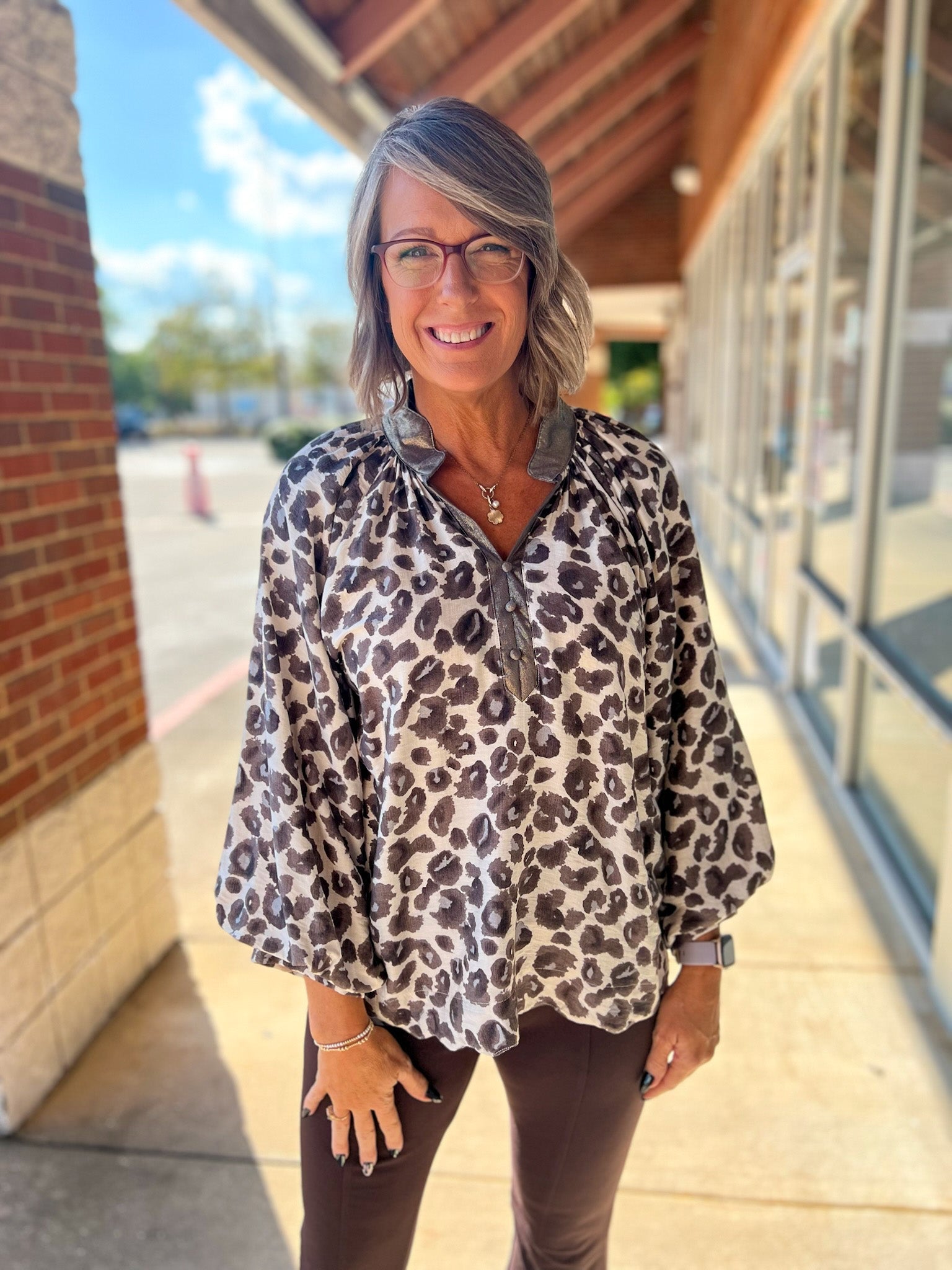 Grey Leopard Print 3/4 Sleeve Top with Scalloped Neckline (R) - A'Bekah's Boutique