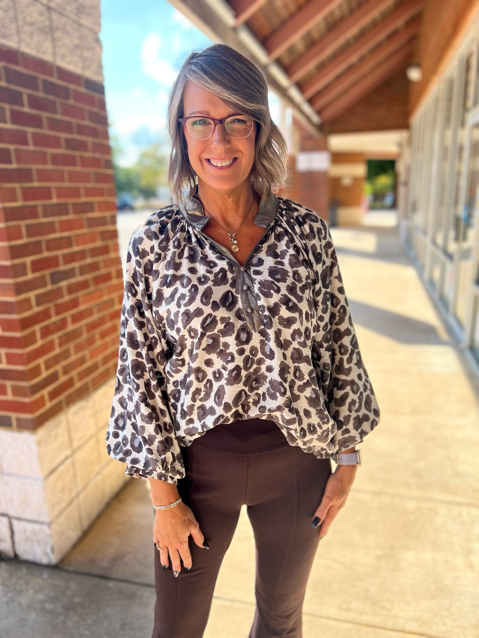 Grey Leopard Print 3/4 Sleeve Top with Scalloped Neckline (R) - A'Bekah's Boutique