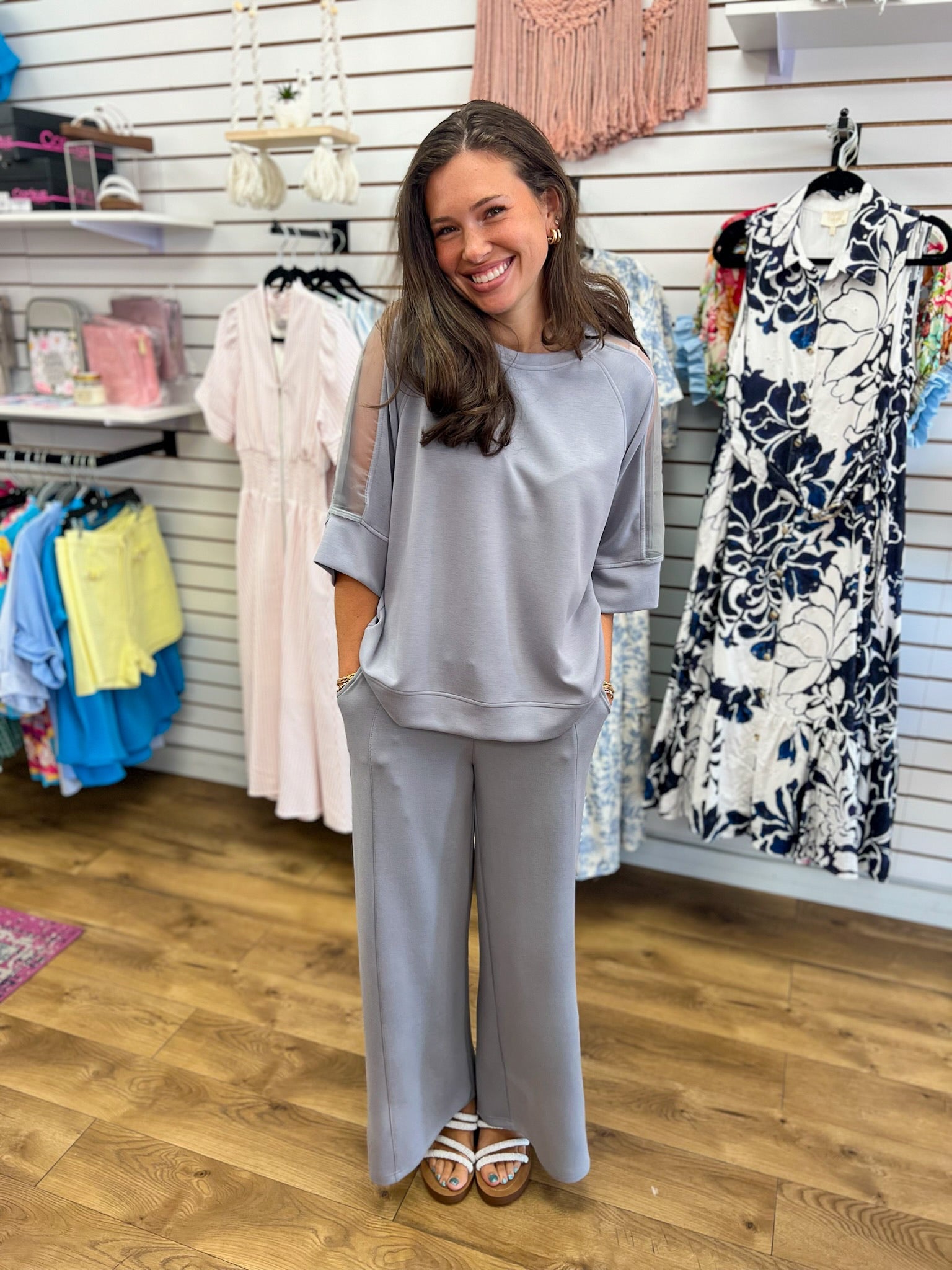 Grey LuxeKnit Wide Leg Set with 3/4 Sleeve Top - A'Bekah's Boutique