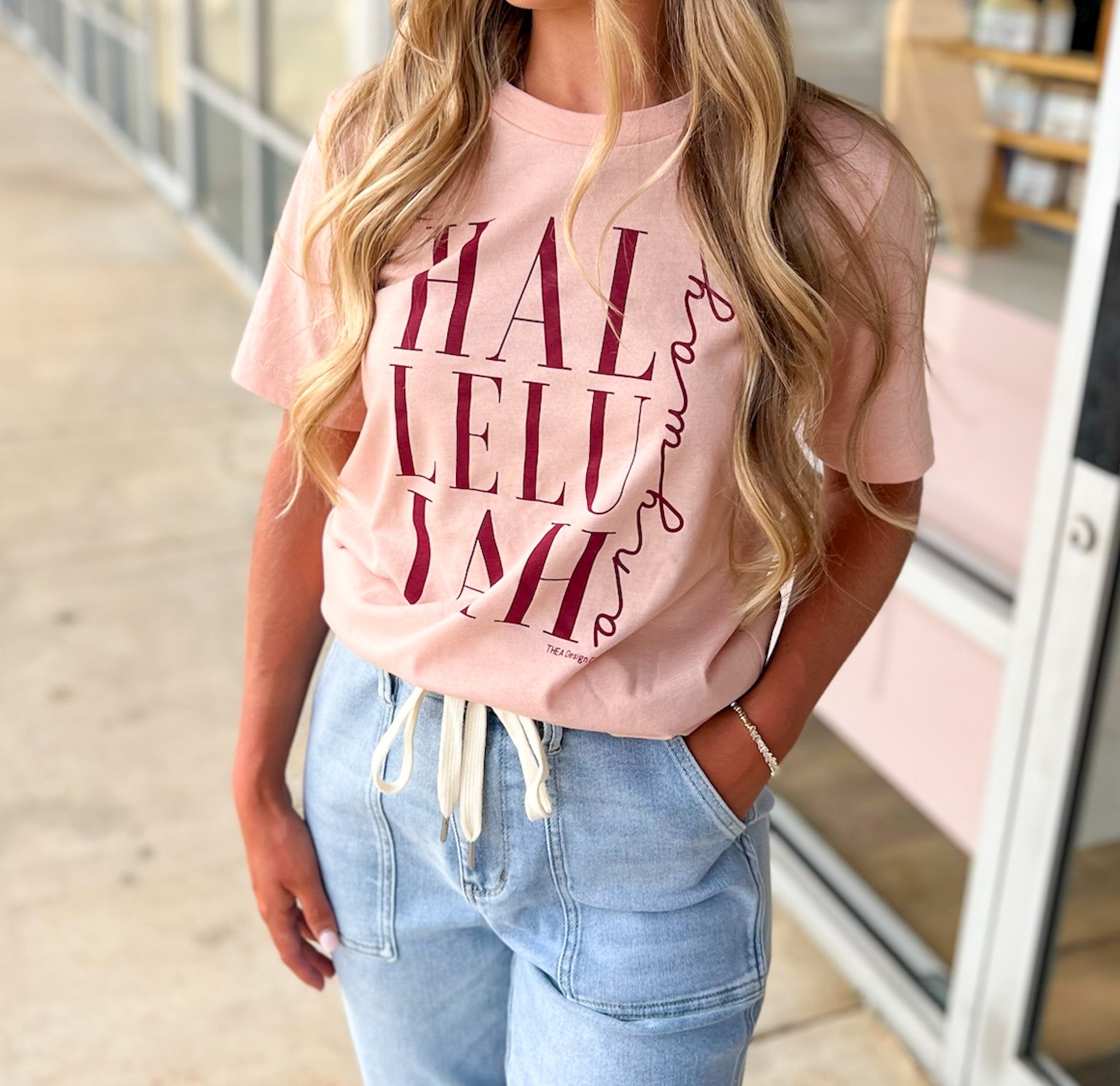 Hallelujah Anyway Heather Peach Short Sleeve T-Shirt with Maroon Graphic - A'Bekah's Boutique