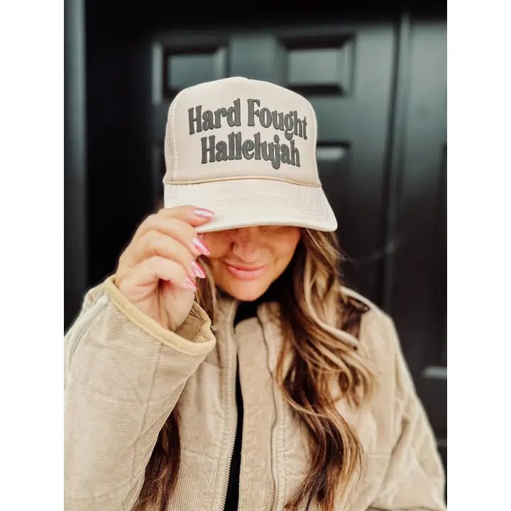 Hard Fought Hallelujah Beige Trucker Hat - A'Bekah's Boutique