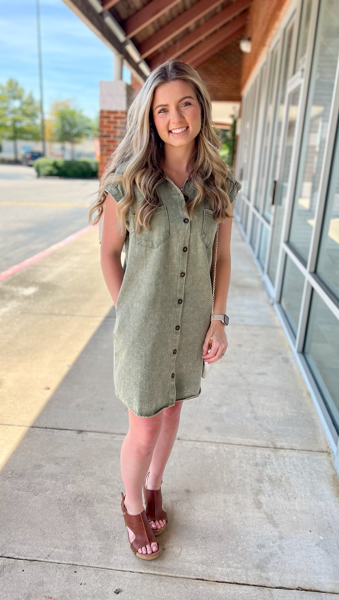 Having Fun Olive Button Down Washed Twill Shirt Dress - A'Bekah's Boutique