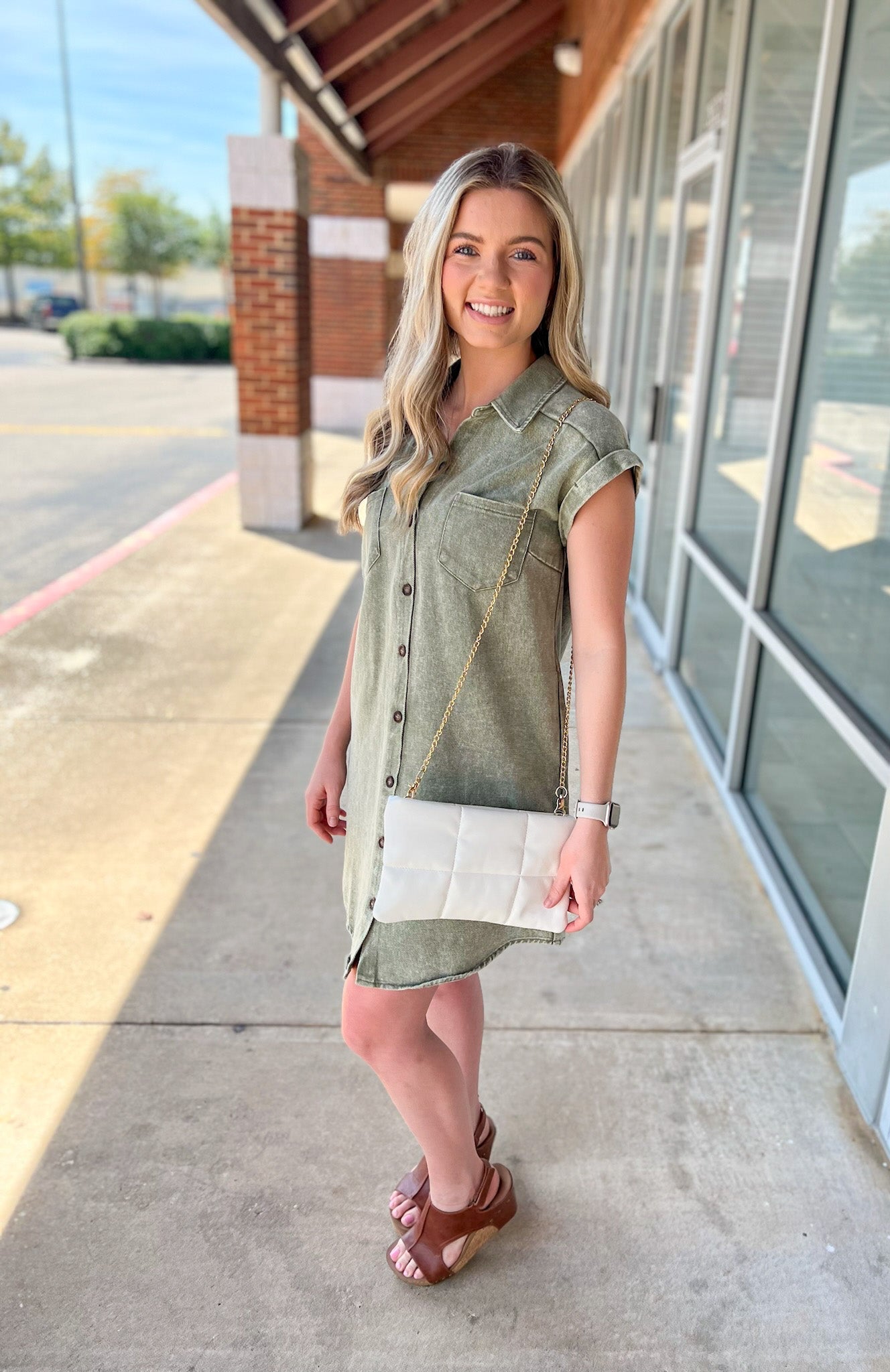 Having Fun Olive Button Down Washed Twill Shirt Dress - A'Bekah's Boutique