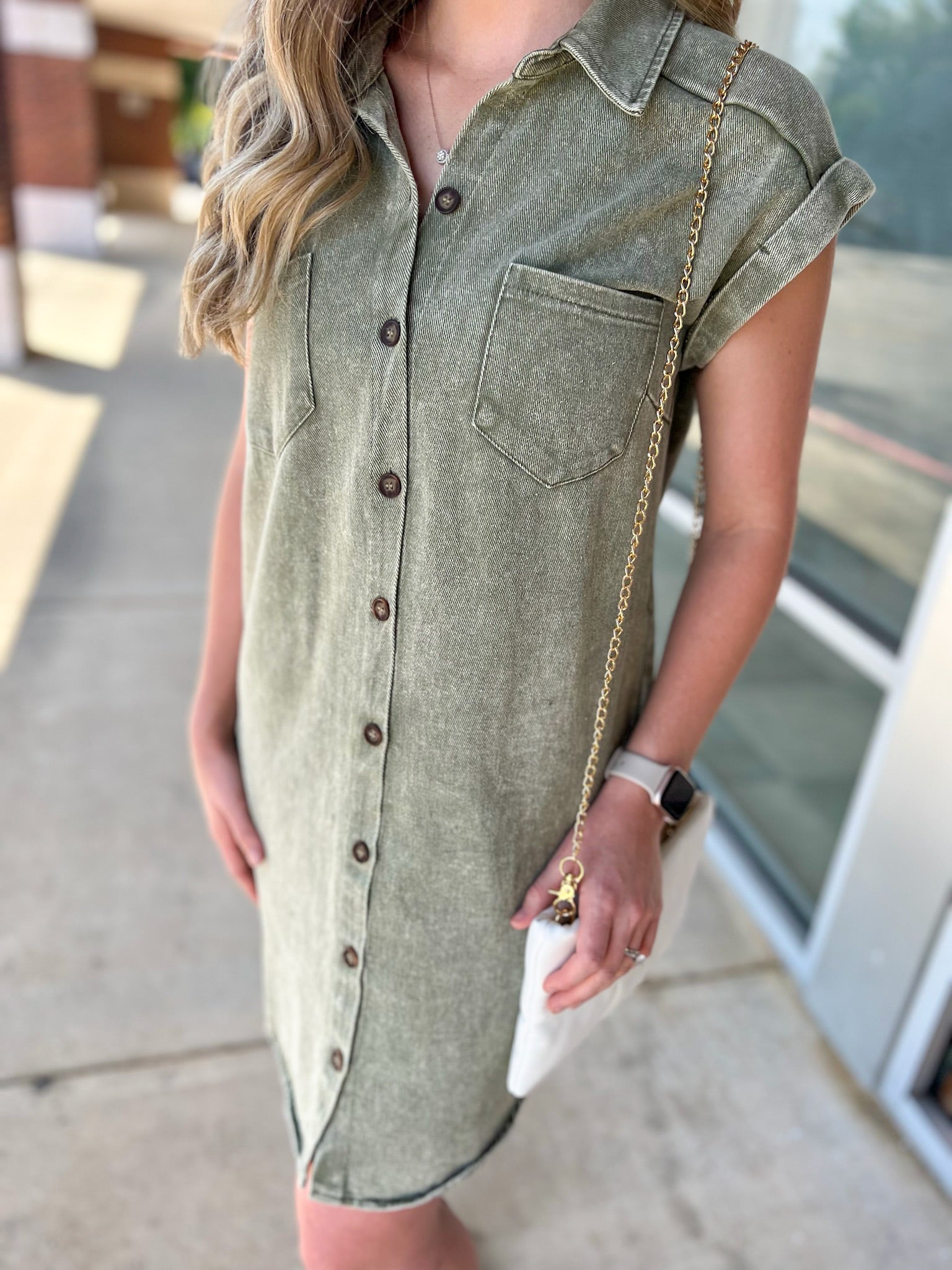 Having Fun Olive Button Down Washed Twill Shirt Dress - A'Bekah's Boutique
