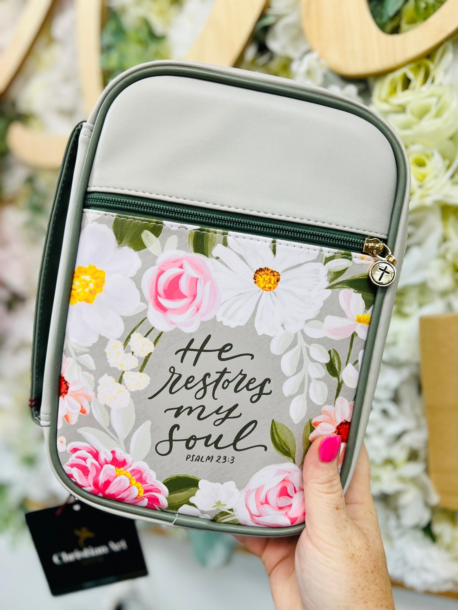 He Restores My Soul Psalms 23:3 Green Floral Bible Cover - A'Bekah's Boutique