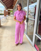 Head Turner Lilac Short Sleeve Jumpsuit with Twist Front Feature - A'Bekah's Boutique