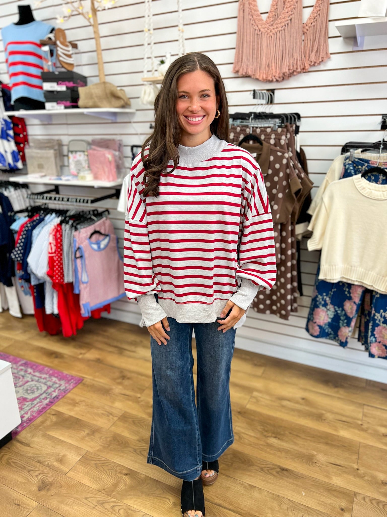 Heather Gray Mock Neck Sweater with Red Stripes - A'Bekah's Boutique